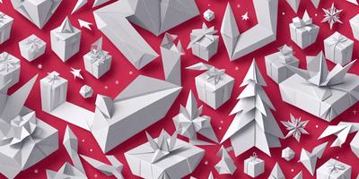 The primary subject of the image is a collection of paper snowflakes and Christmas trees. These paper cutouts are arranged in a visually appealing manner, creating a festive and colorful scene. The setting is a red background, which adds to the holiday atmosphere. The visual style is a combination of digital art and illustration, as the paper cutouts are skillfully crafted and arranged. The colors and mood of the image are predominantly warm and cheerful, with the red background and the white snowfla